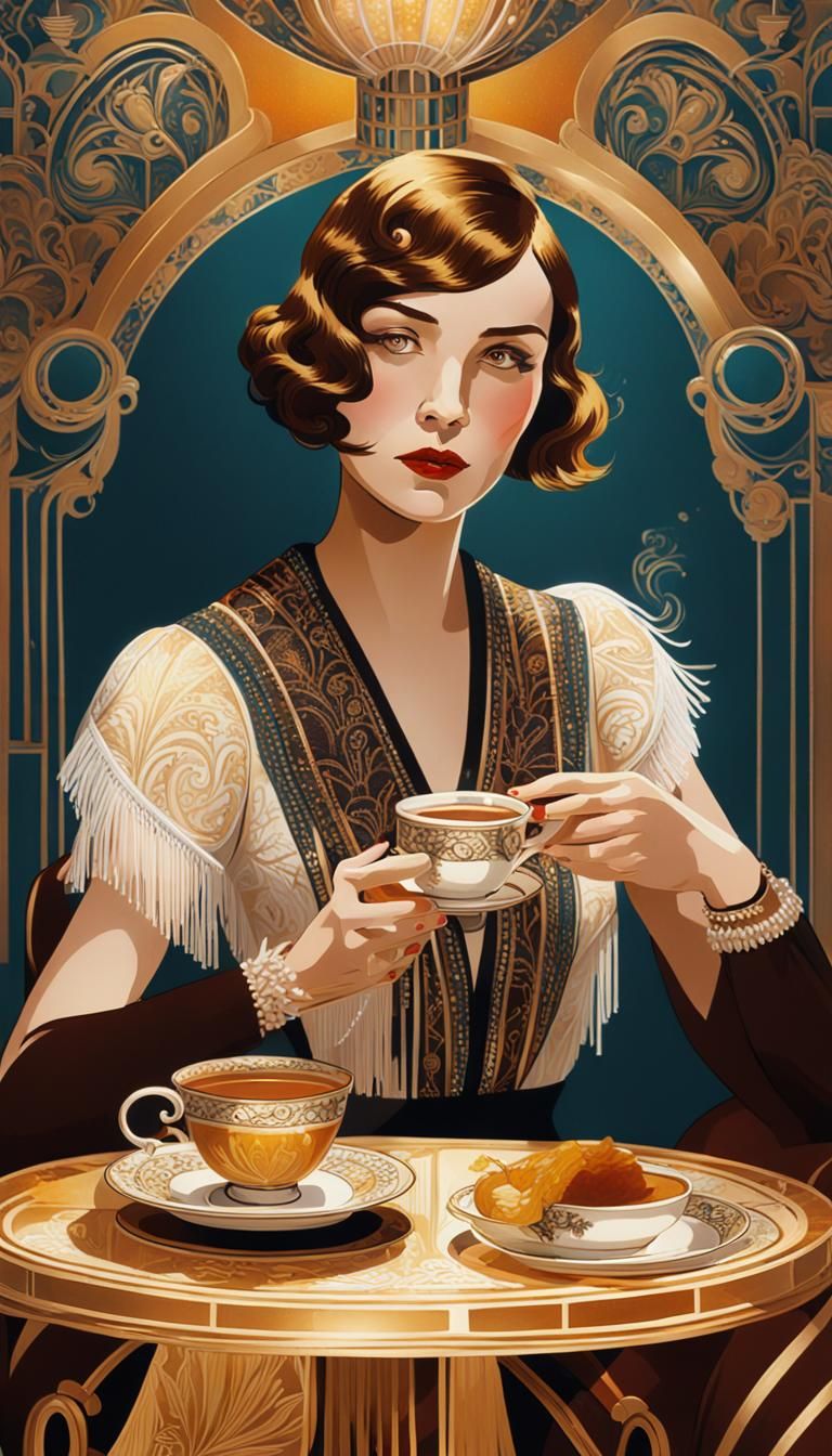 Art Deco Lady Sipping Tea in Golden Light