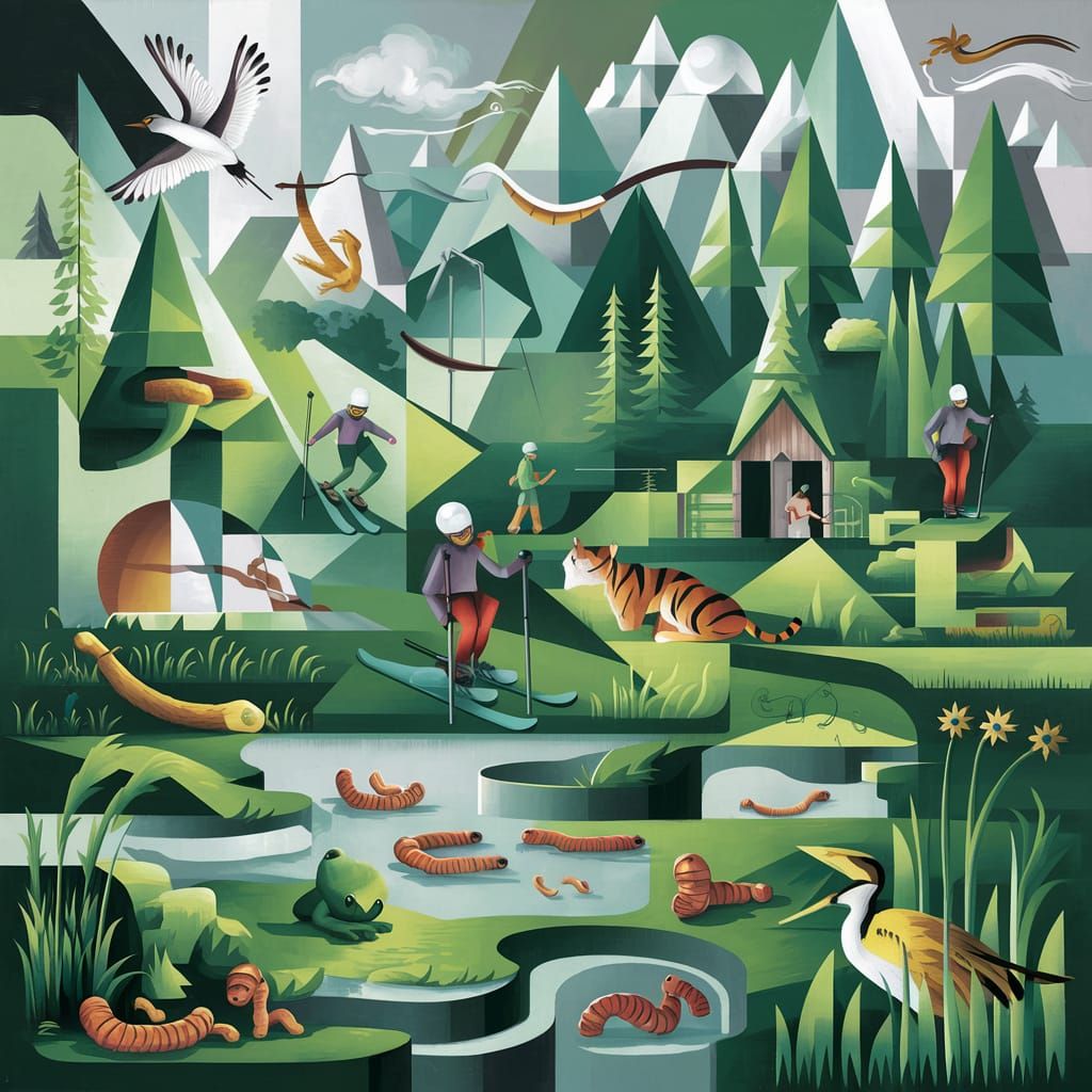 Cubist Mountain Landscape with Ski Hut and Pond