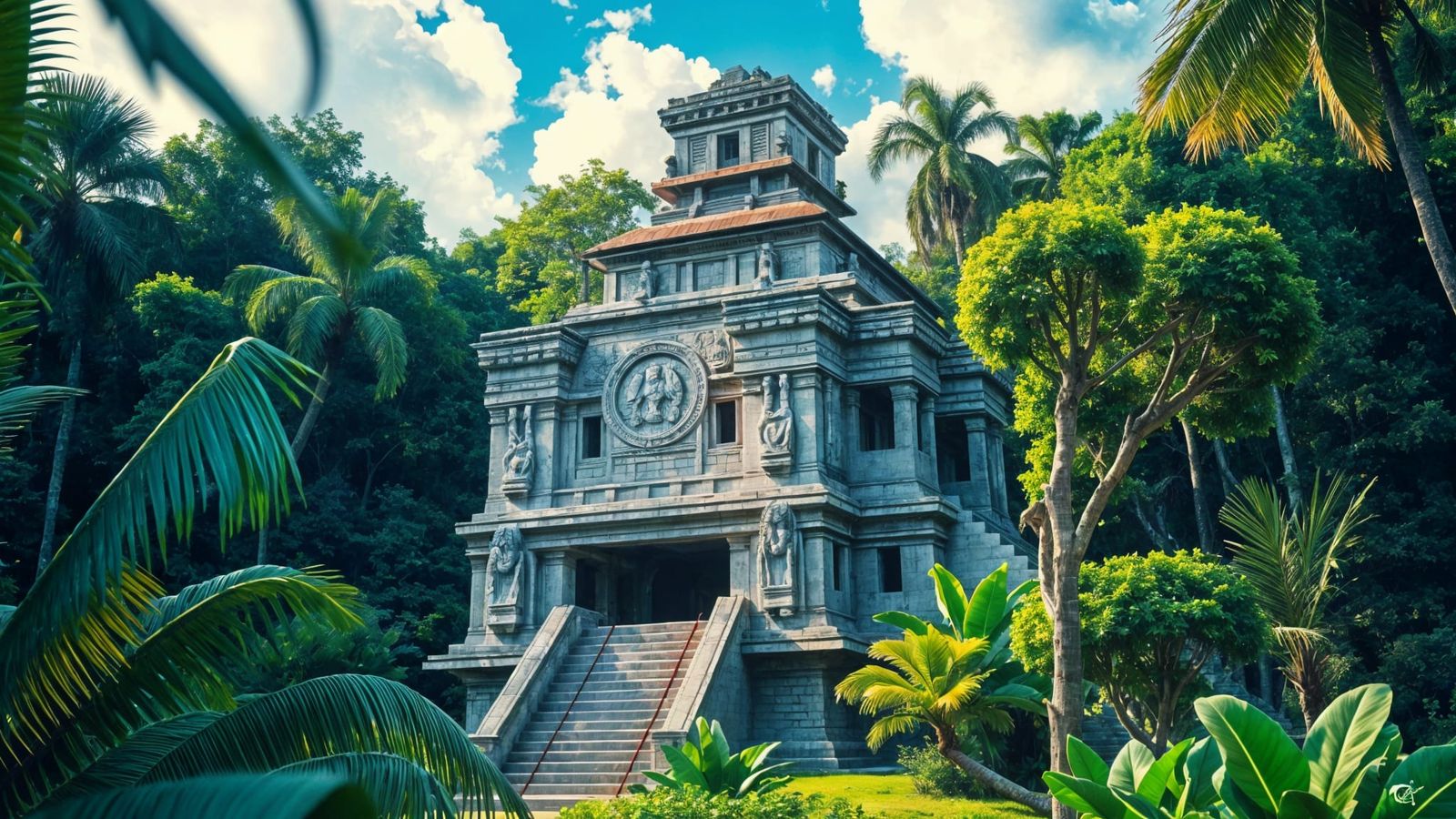 Mayan Temple in Tropical Forest, Manga Aesthetic