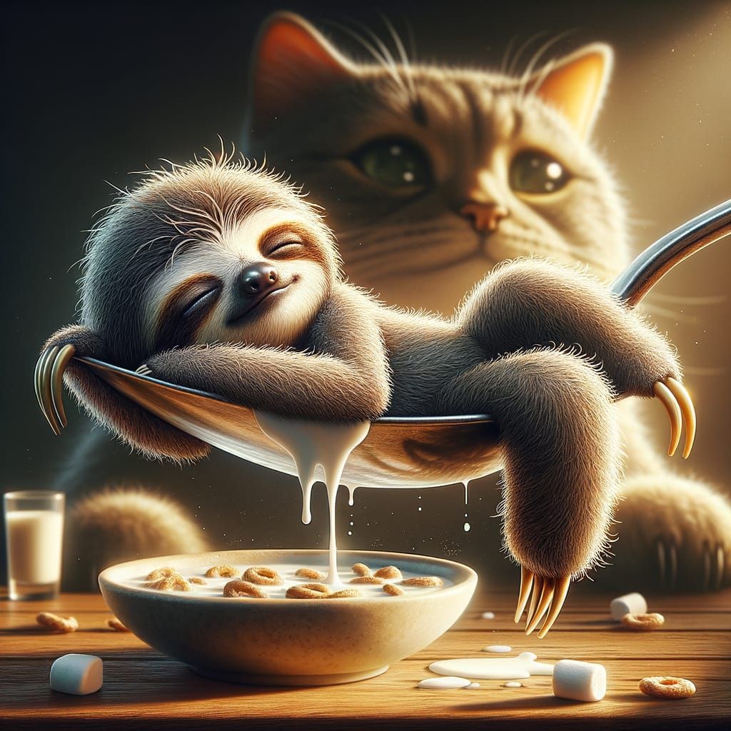Whimsical Sloth in a Milkboat, Surrounded by Feline Curiosit...