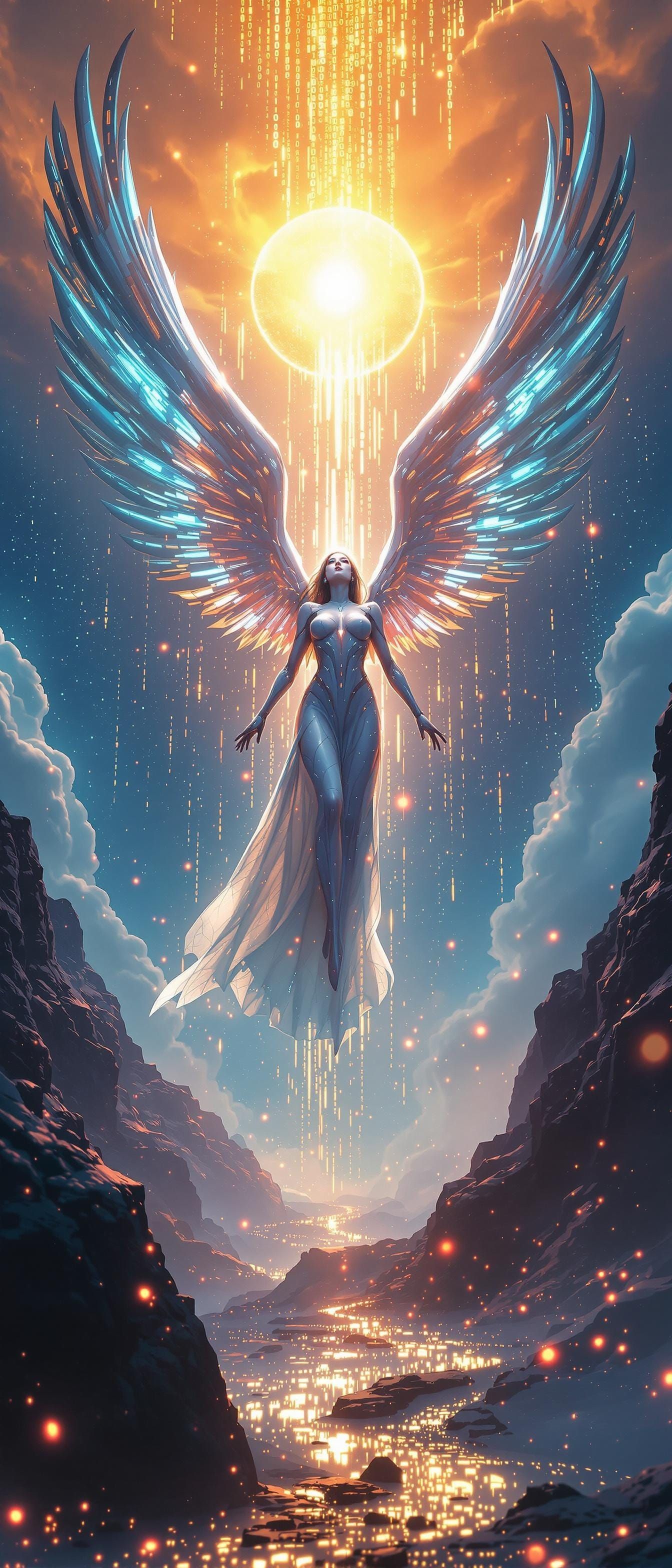 Cybernetic Valkyrie Descends in Binary Sunset