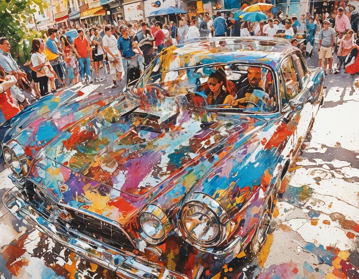 Vintage Car Reflecting Bright Colors in Splash Art