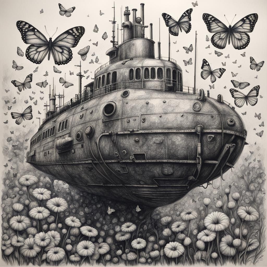 Submarine Floating on Butterflies: Detailed Charcoal Drawing