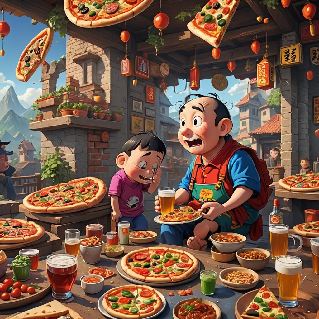 Shinchan Nohara Enjoying Pizza in Detailed Matte Painting