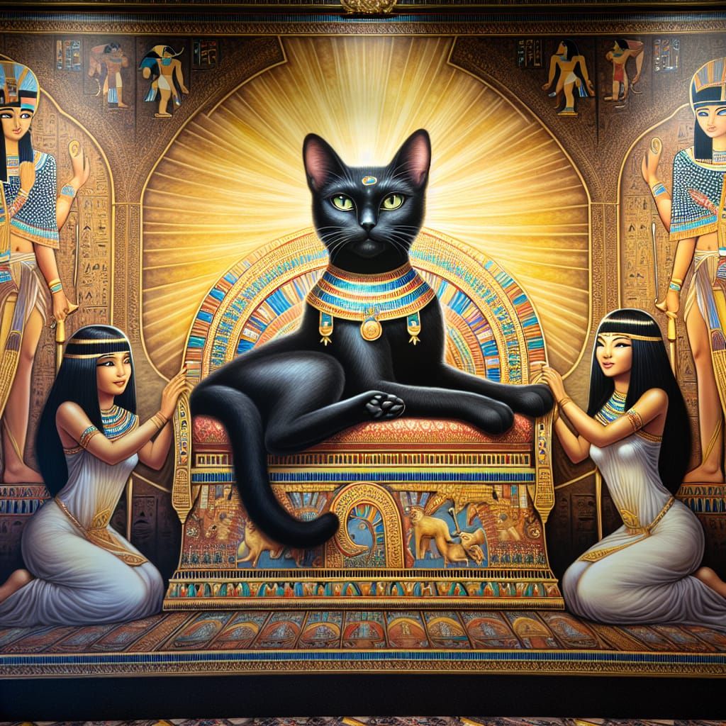 Black Cat Goddess on Egyptian Throne with Servants