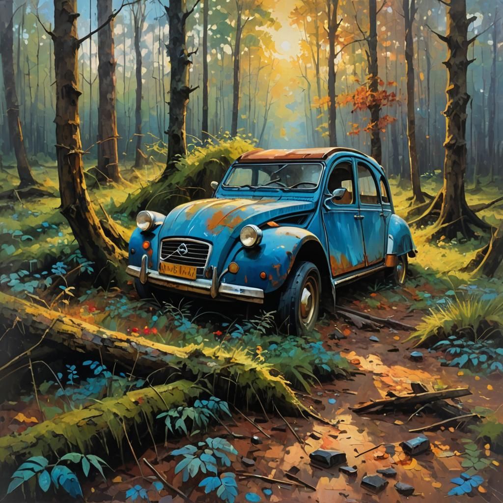 Blue 2CV Wreck in Forest: Impressionist Oil Painting