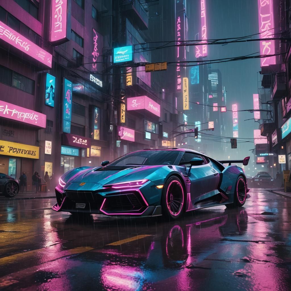 Cyberpunk Sports Car Racing Through Neon City