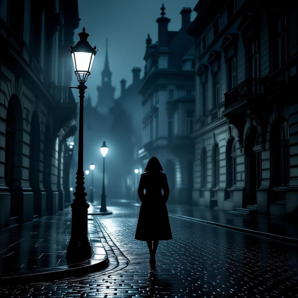 Woman on Gaslit Street in Noir Style