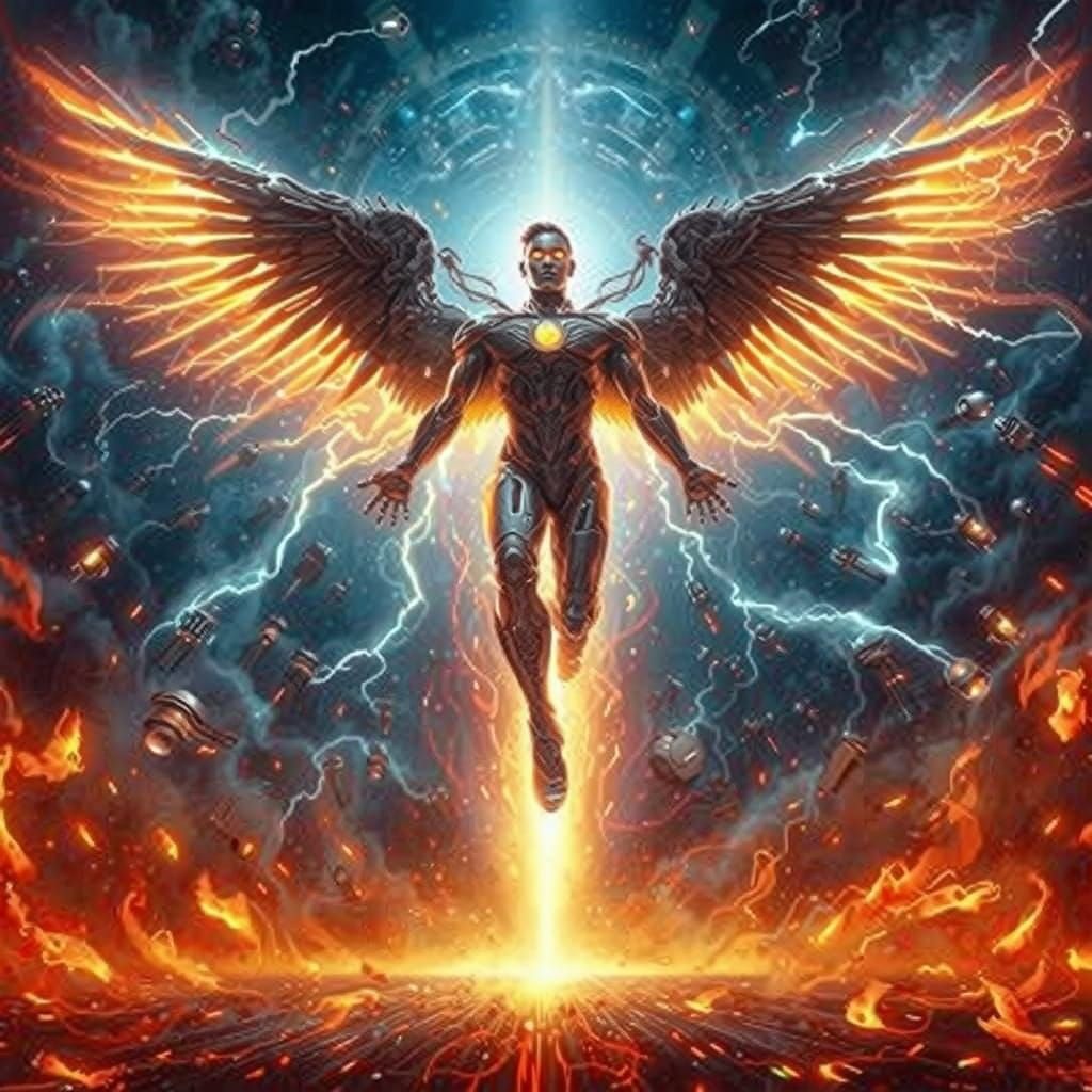 Cyberpunk Iron Man: Angel of Vengeance in Lovecraft Style