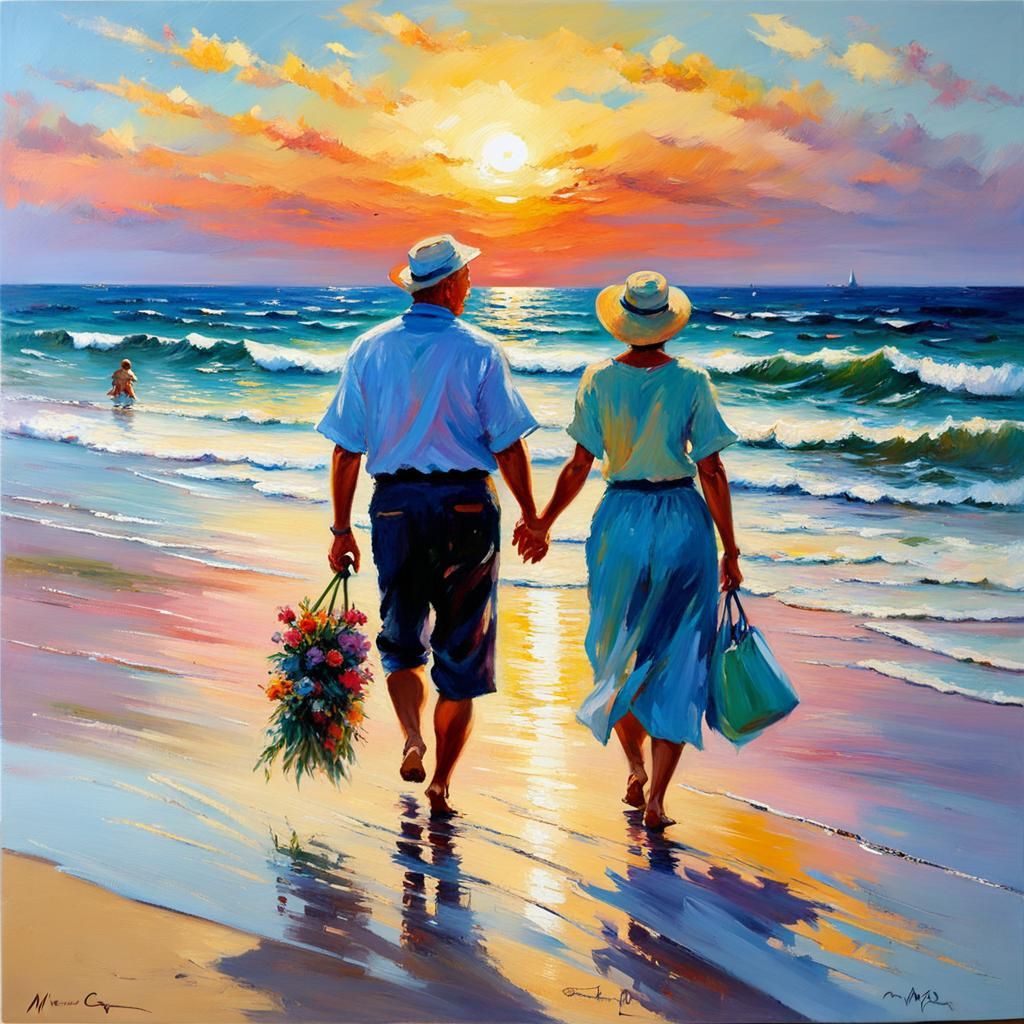 Impressionist Couple Walking on Beach at Sunrise