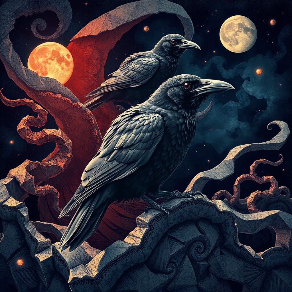 Tessellated Ravens in Mystical Shapes, Surrealist Style