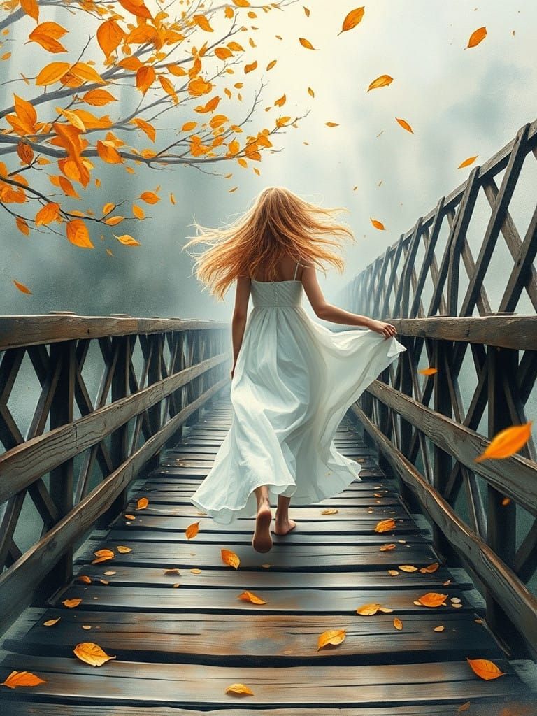 Ethereal Young Girl on Weathered Bridge Amidst Whirlwind of...