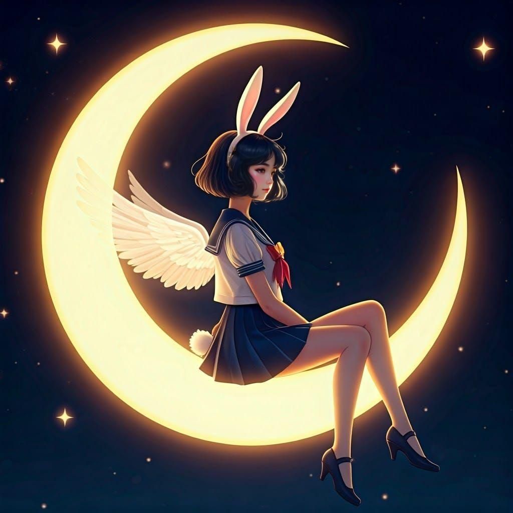 Serenely Seated Rabbit Maiden on the Crescent Moon