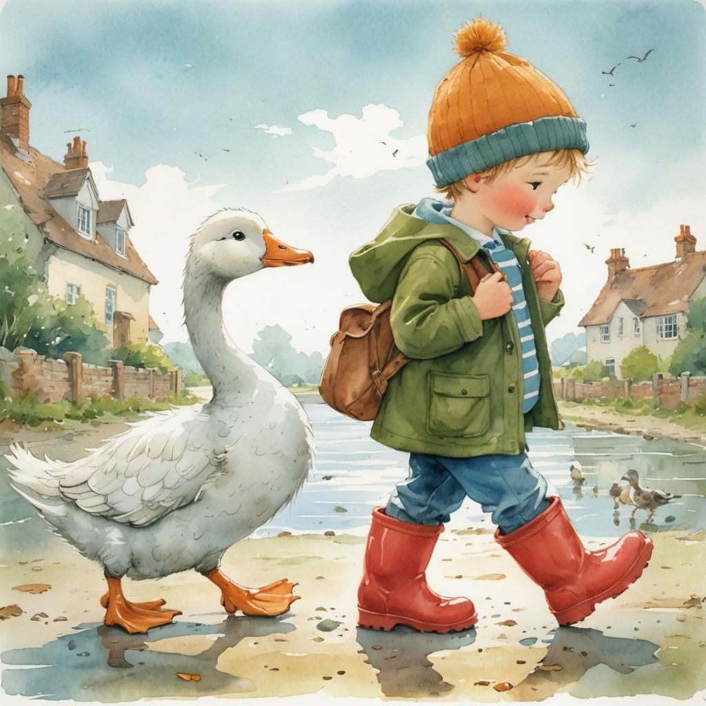 Little Boy and Goose in Whimsical Woodland Scene