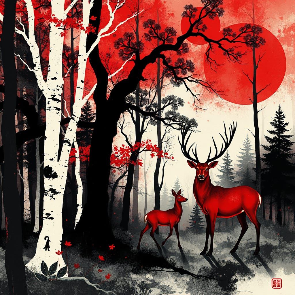 Mystical Crimson Forest in Traditional Japanese Style