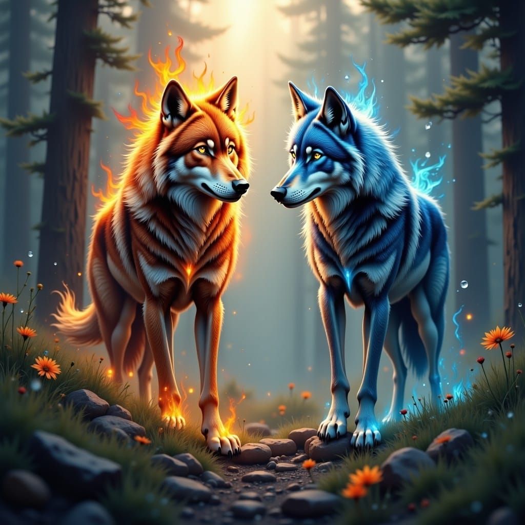 Elemental Wolves: Fire and Water Harmony