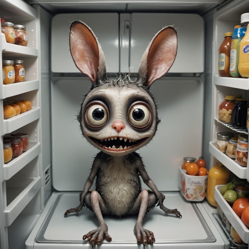 Charming Fridge Creature Stealing Food in Fantasy Style