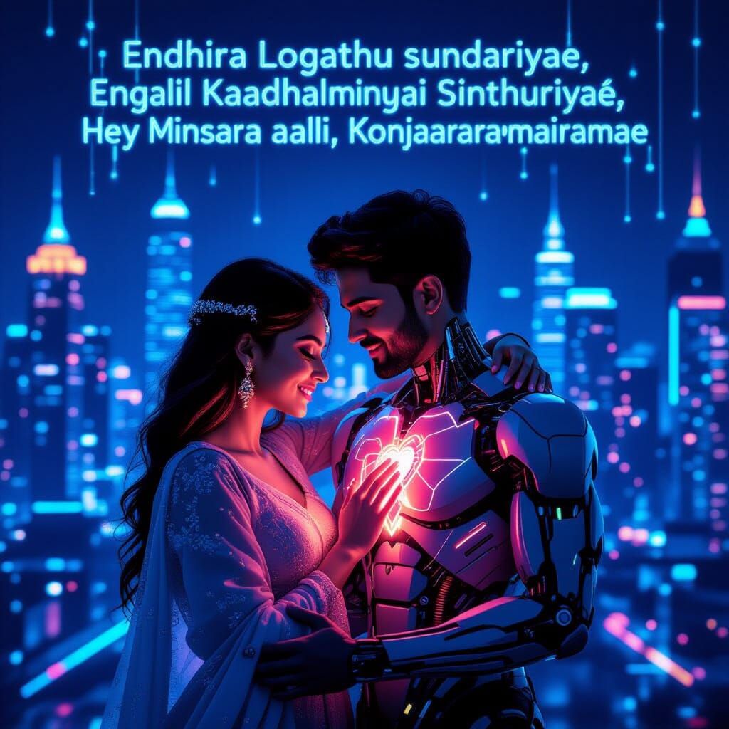 Futuristic Couple in Neon Cityscape with Electric Aura