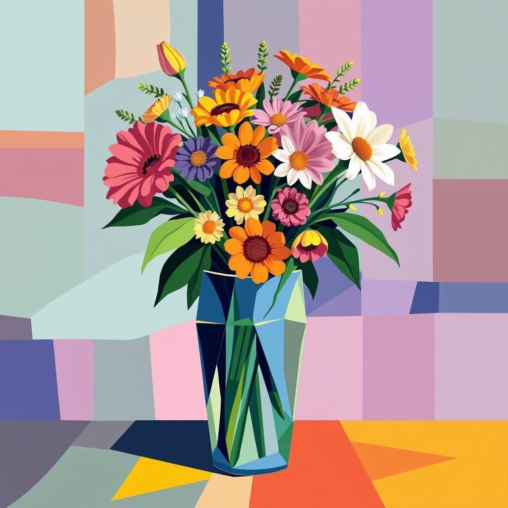Vibrant Cubist Florals in Striped Mosaic Parametric Pop Art