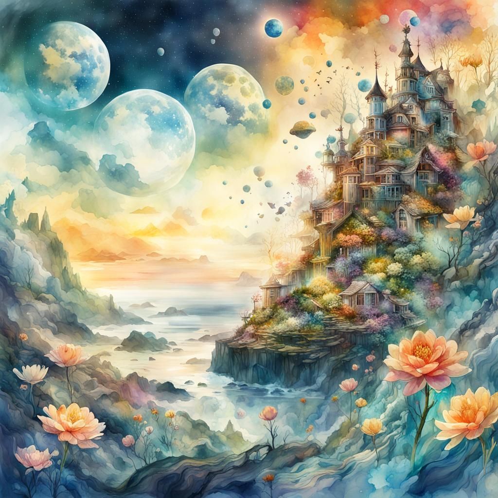 Chaotic Alien Cosmos in Double Exposure Watercolor