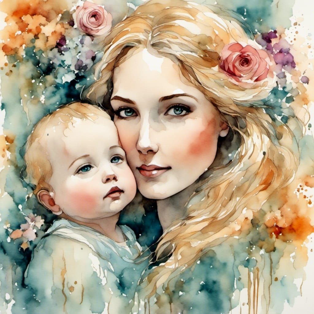 Mother and Child Portrait in Victorian Watercolor Style