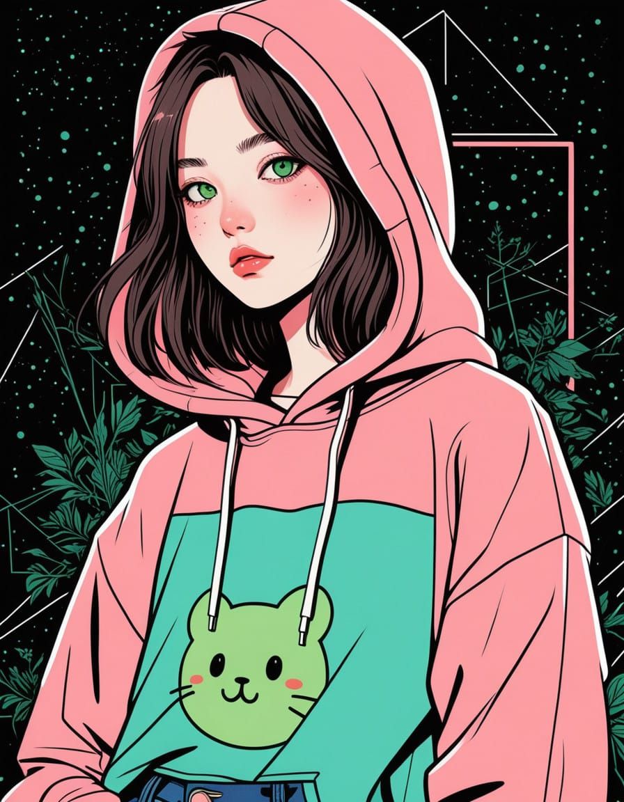 Vibrant Geek Girl in Dreamy Japanese Manga Style