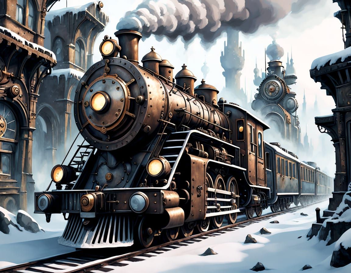 Steampunk Train in Snowy Clockwork City