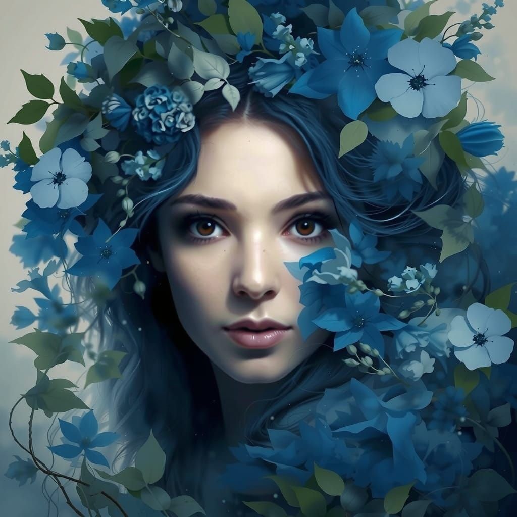 Ethereal Woman in Blue Floral Veil