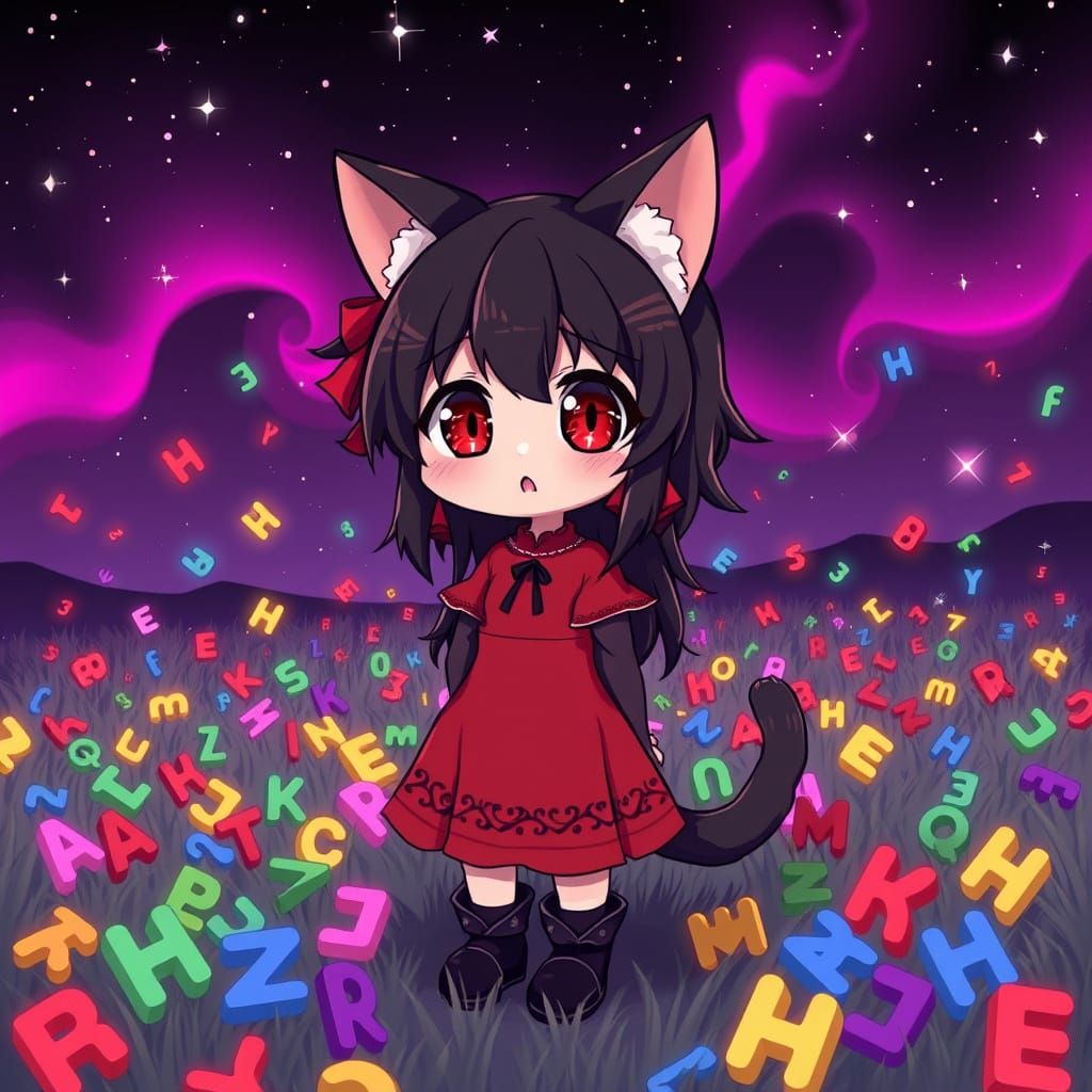 Anime Catgirl Lost in a Sea of Letters
