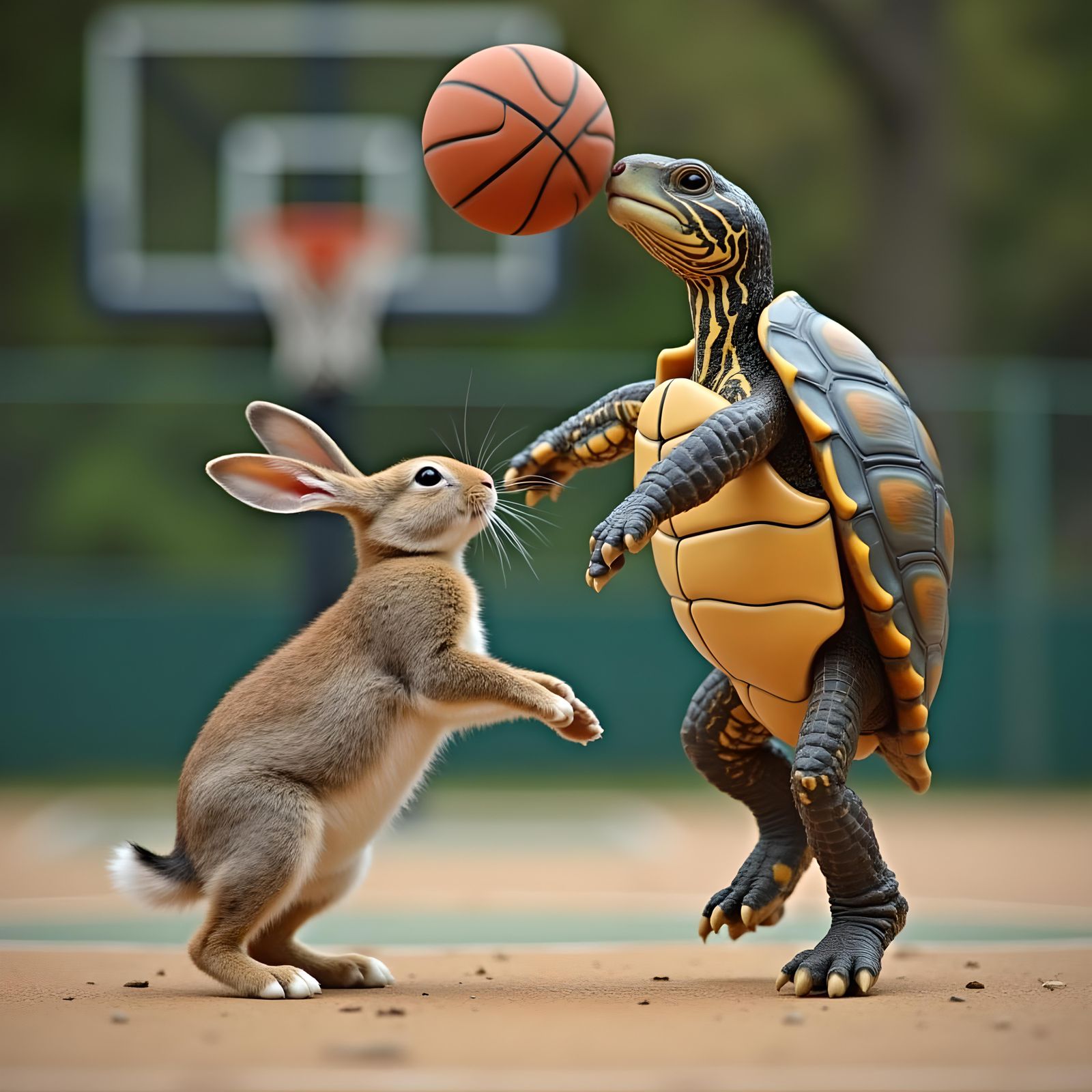 Turtle Dunks Over Rabbit in Basketball Game