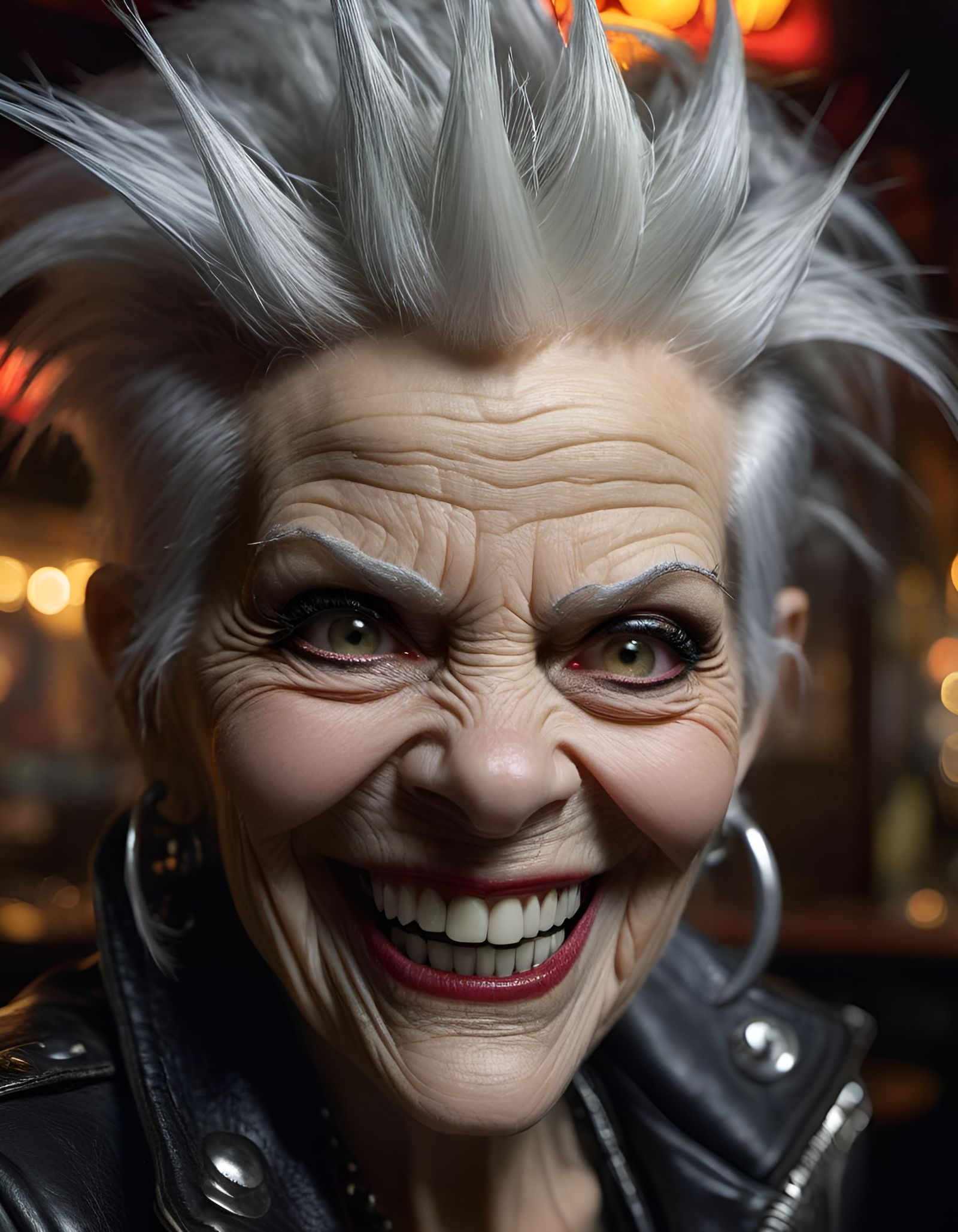 Photorealistic Close-Up of Old Punk Rocker in Graffiti Bar