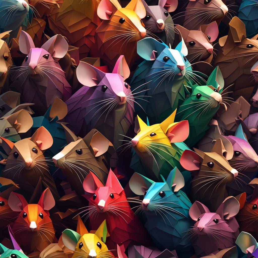 Detailed Rat Crowd in Colorful Origami Style