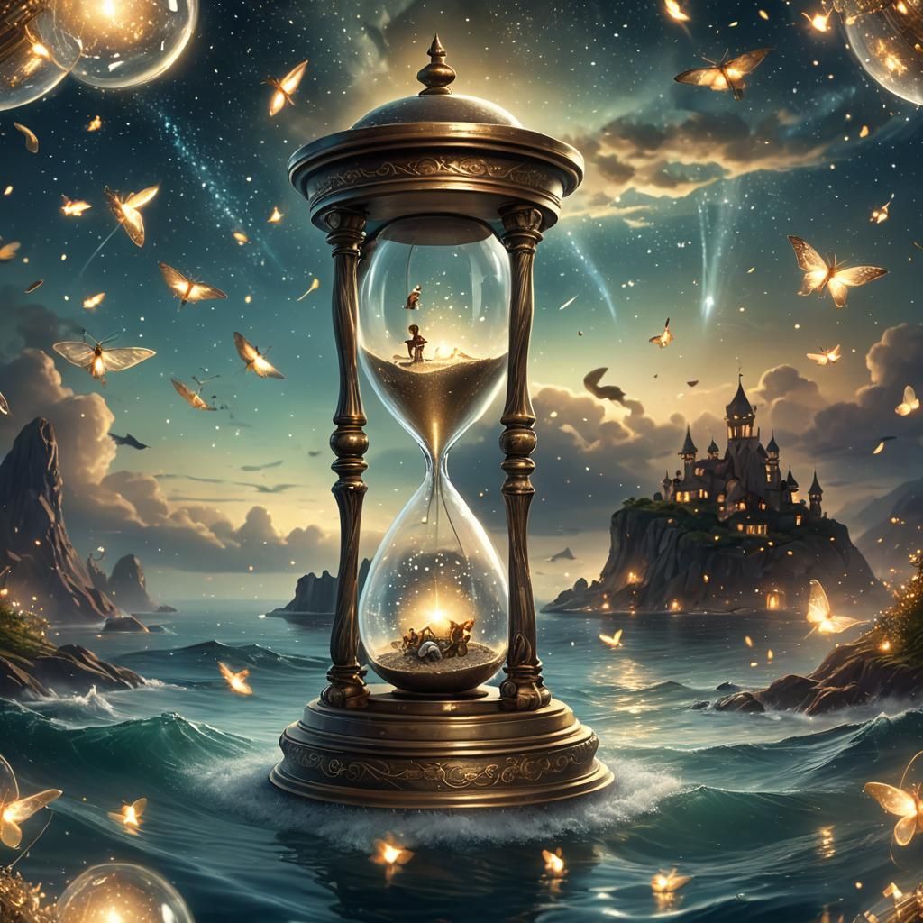 Giant antique hourglass Miniature Fantasy storybook world in a giant hourglass floating on the ocean , fireflies, partic...