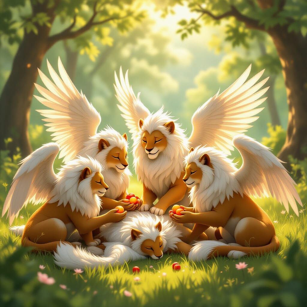 Winged Lion Creatures Mourn Fallen Comrade in Enchanted Fore...