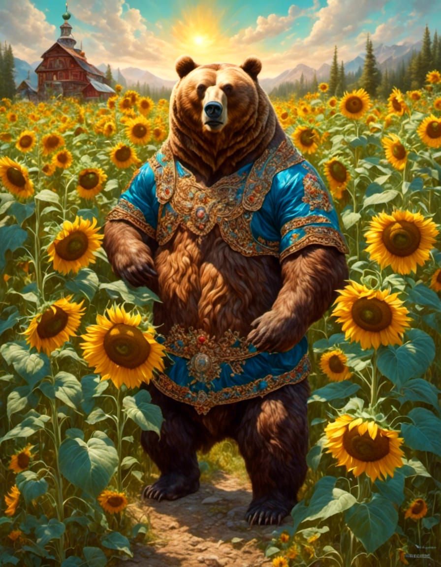big russian bear, in sunflowers
