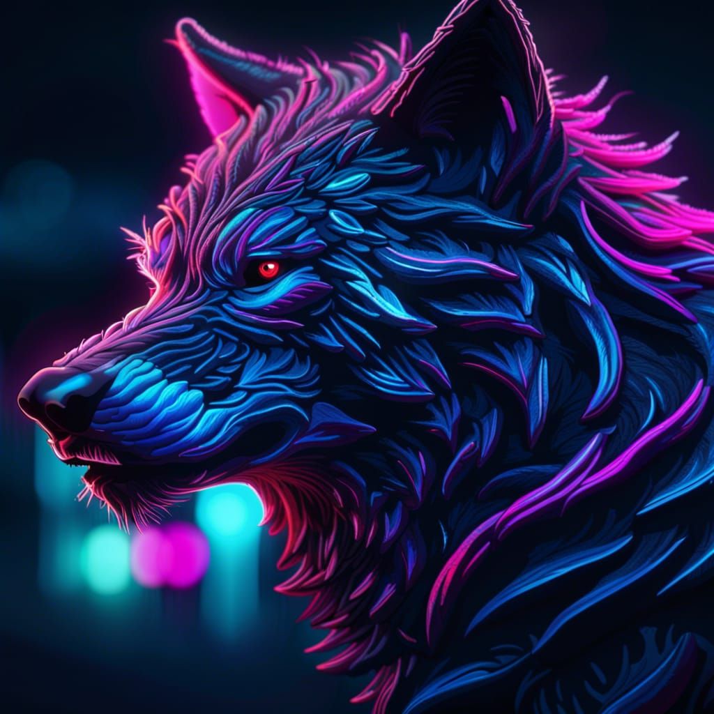 Hyperrealistic Neon Wolf at Night in HDR