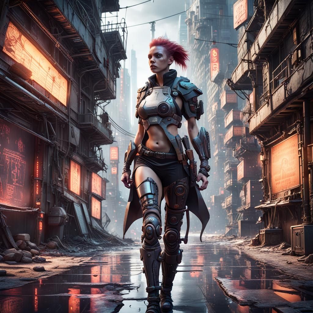 Grimdark Cyberpunk Cyborg in Fantastical Cityscape