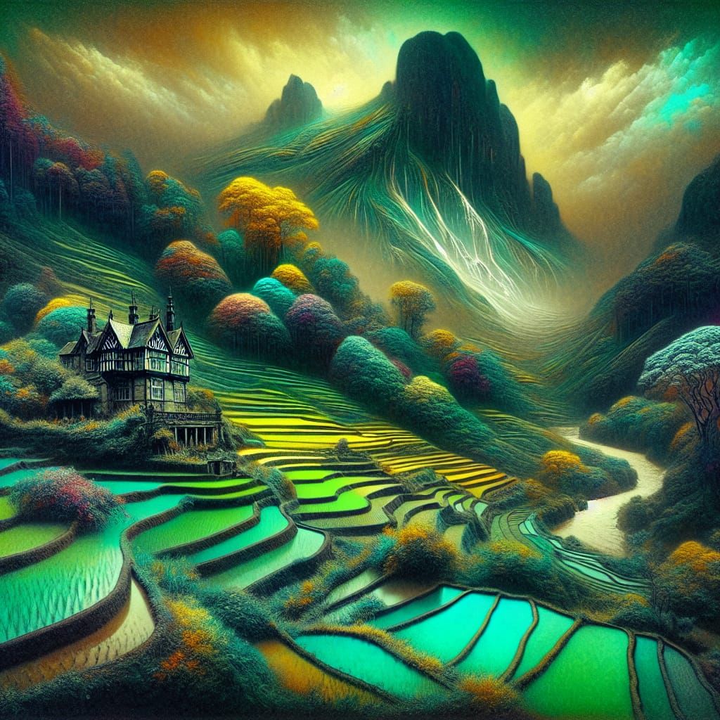 Dreamy Gothic Cottage in Steampunk Surrealism Style