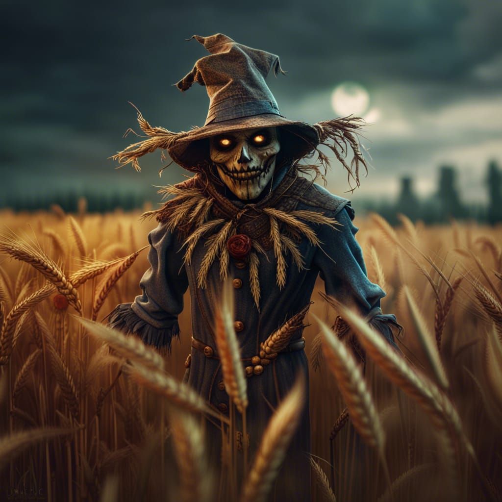 Scary scarecrow in a field of wheat