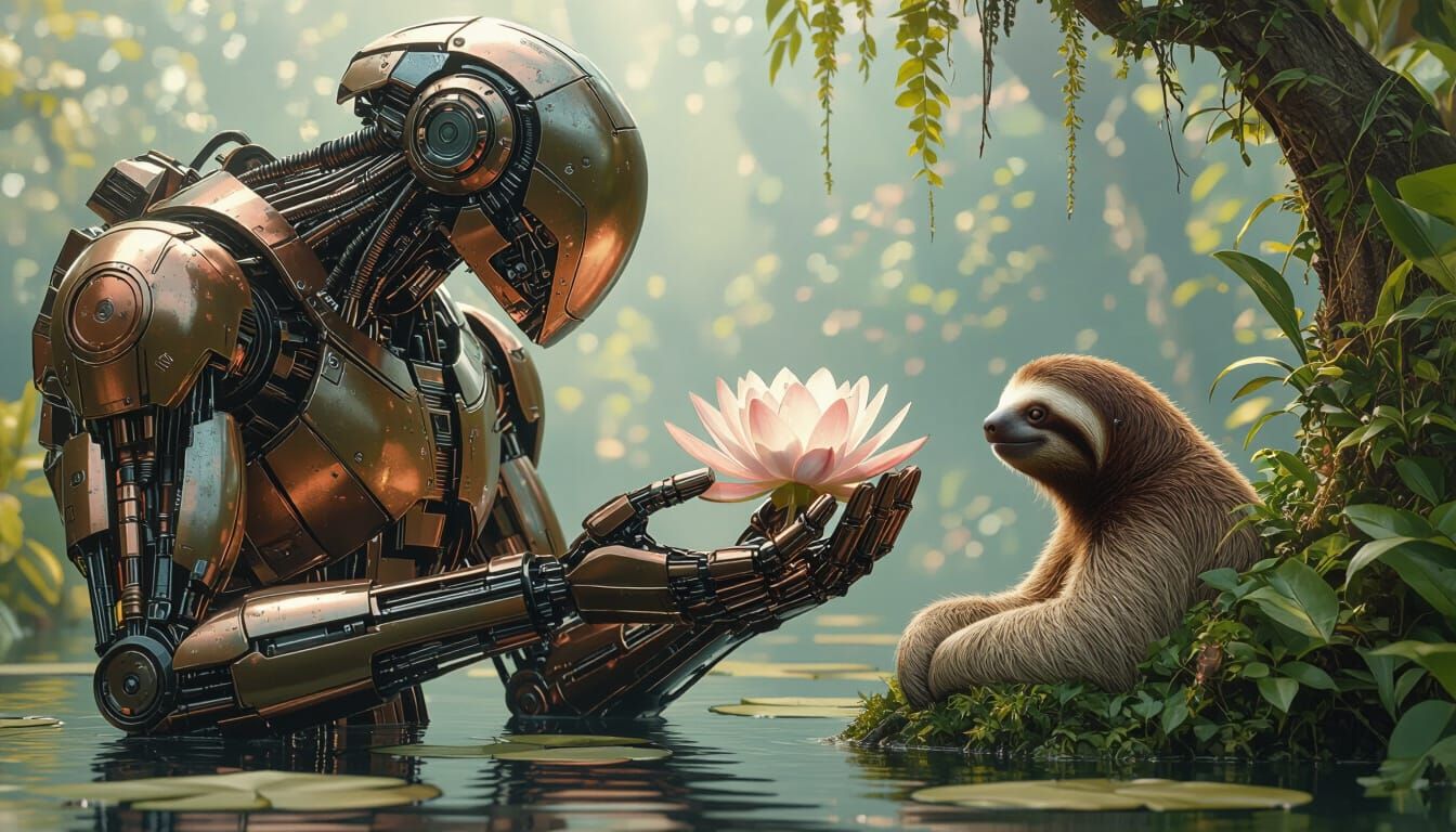 Robot Offers Water Lily to Sloth in Biomechanical Landscape