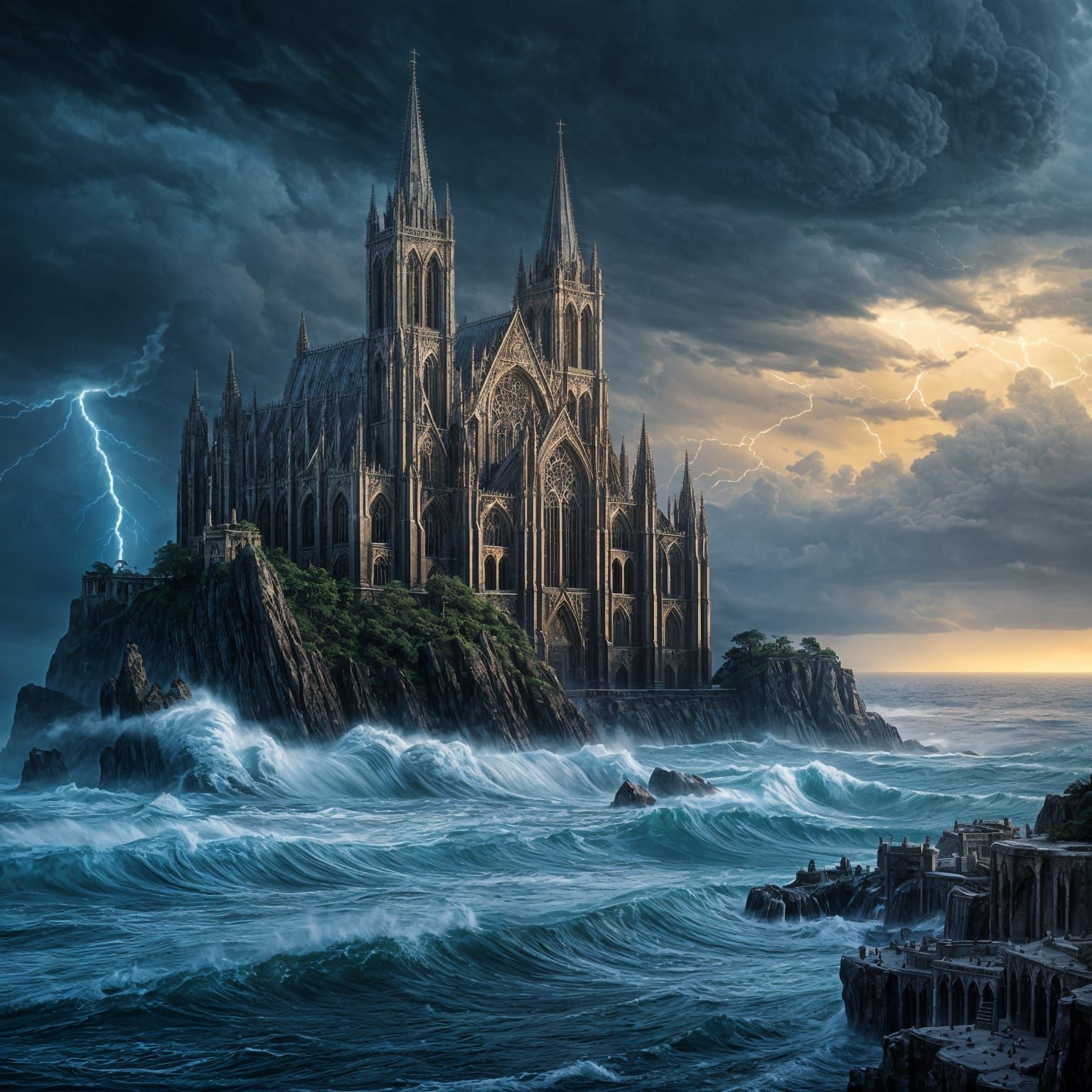 Gothic Cathedral on Stormy Cliff: Dramatic Digital Painting