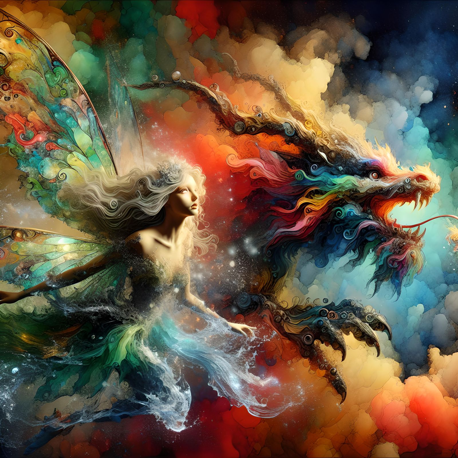 Fairy and Dragon in Watercolor Splash Art
