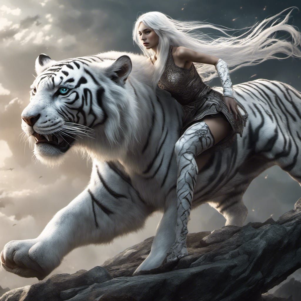 Woman Riding White Tiger in Dark Fantasy Art