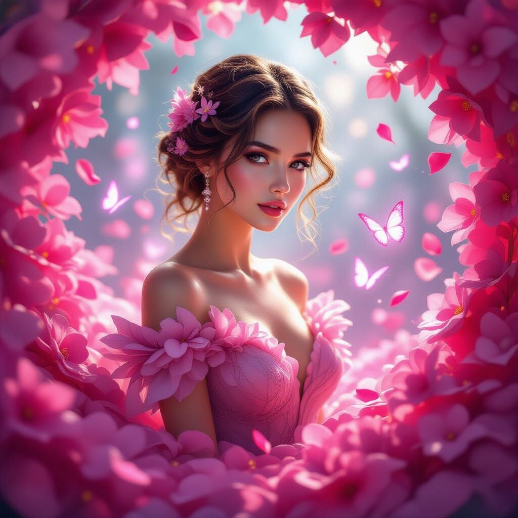 Ethereal Woman Amidst Pink Flowers and Butterflies