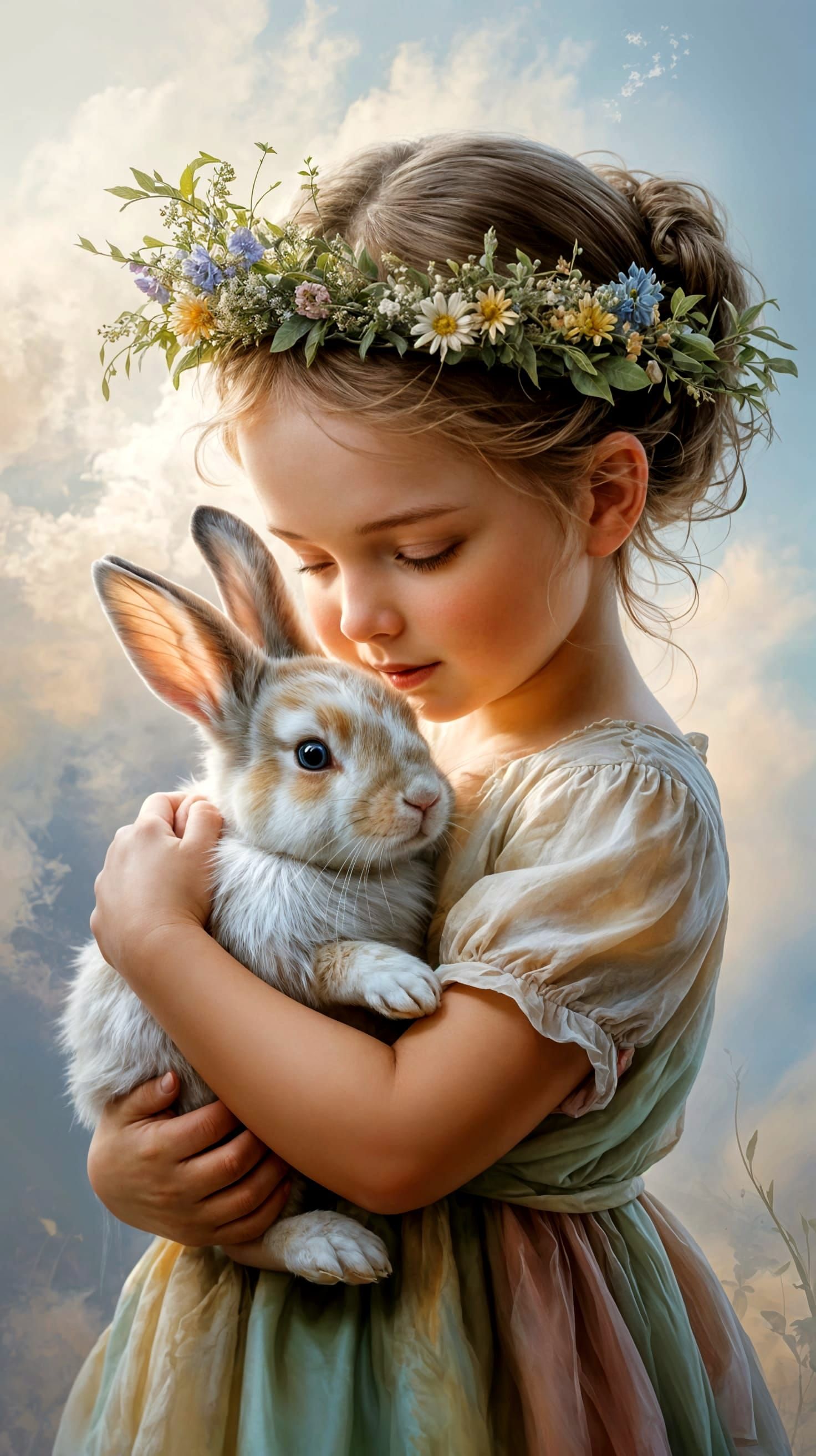 Girl with Rabbit: Ethereal Digital Painting of Innocence