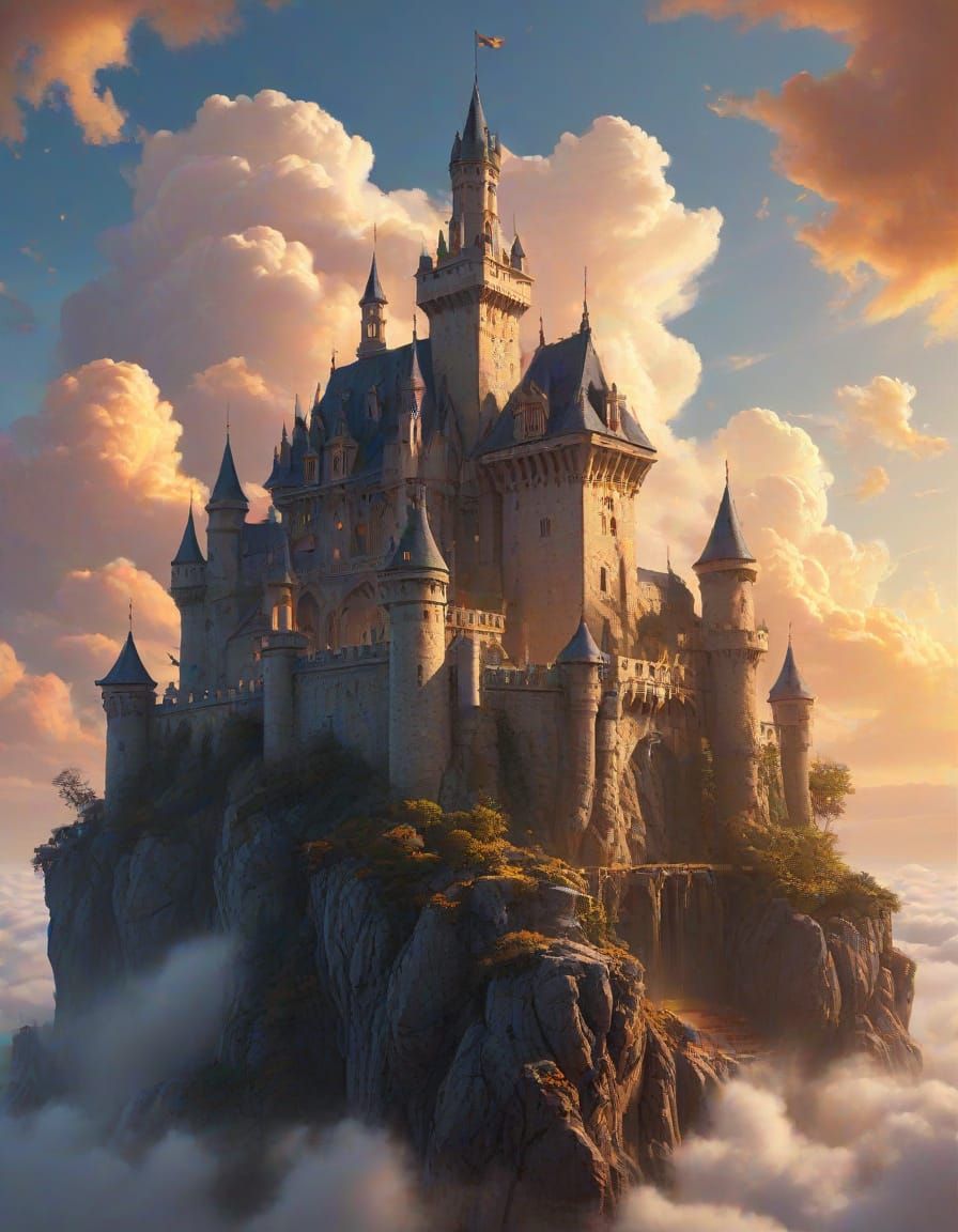 Mystical Castle Floating Among Clouds in Golden Light