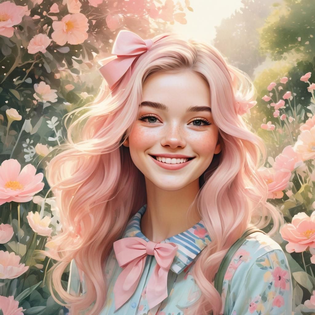 Preppy Girl in Floral Garden: Pastel Pop Art
