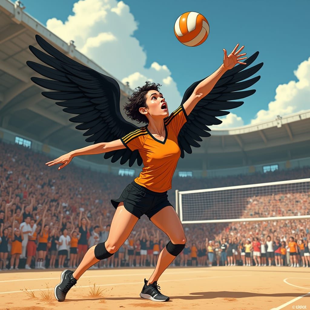 Volleyball Player with Crow Wings in Futuristic Style