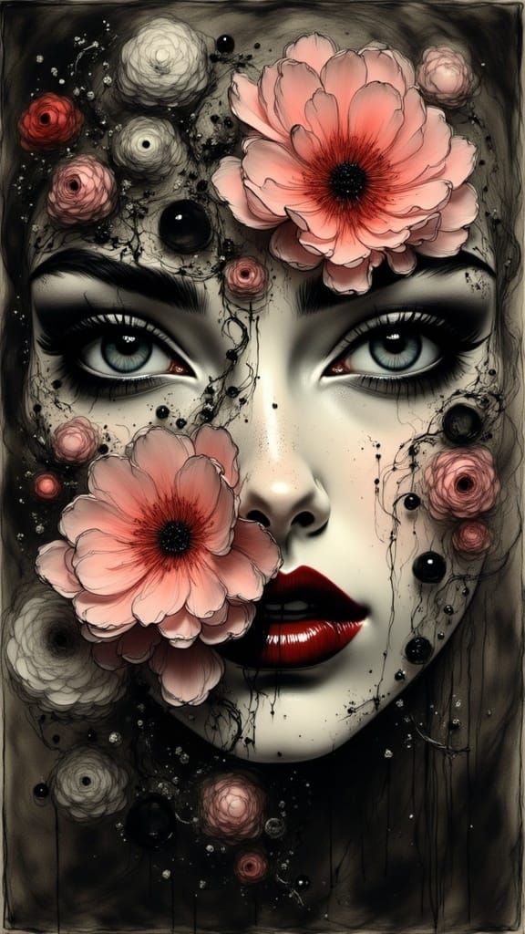 A woman's face with delicate features, almond-shaped eyes, and full lips, distorted in a dreamlike manner