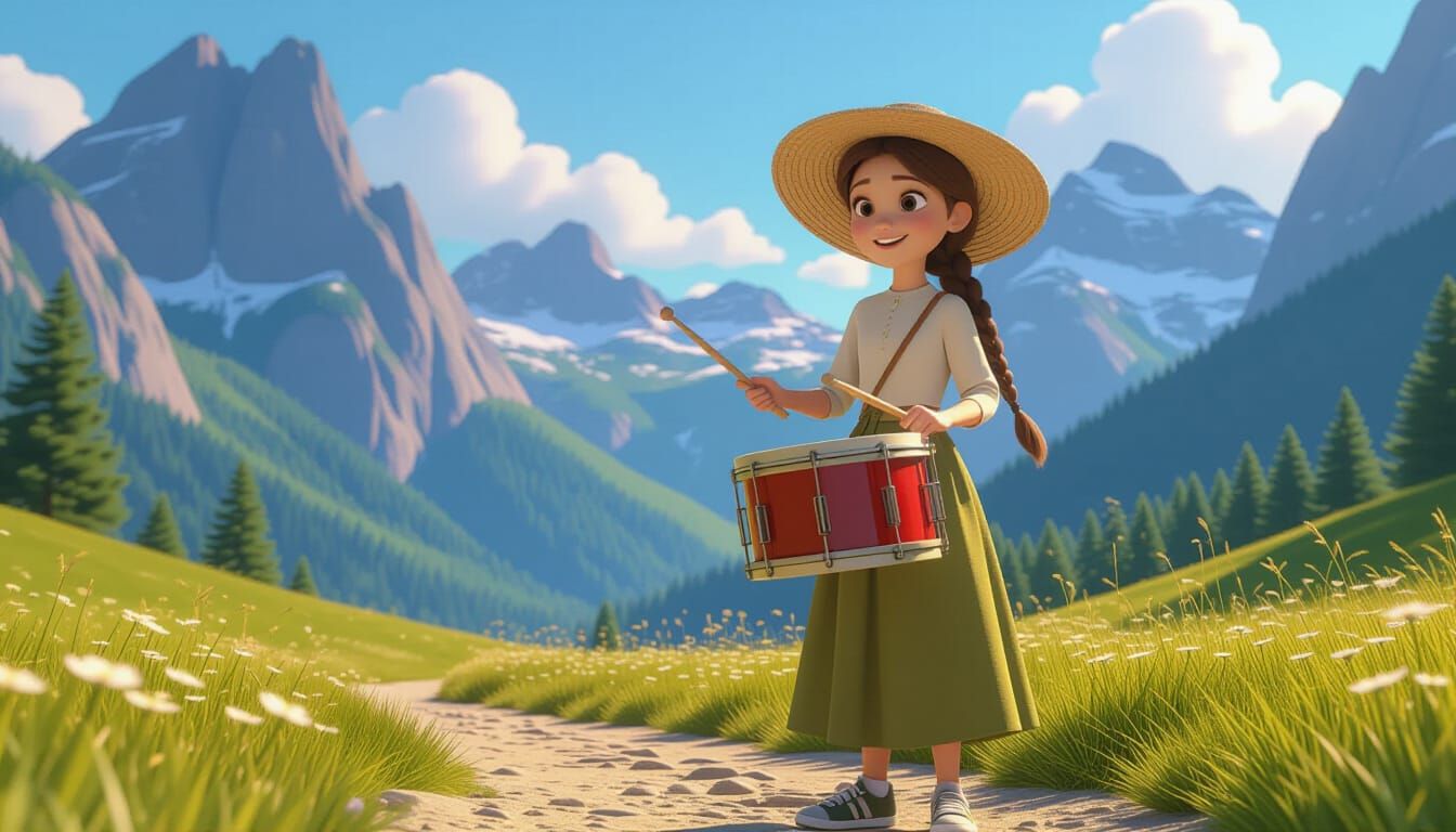 Cheerful Girl Plays Drum in Pixar-Style 3D Animation